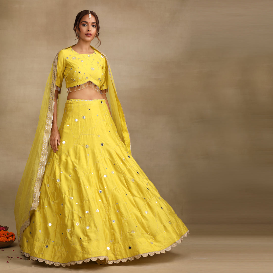 Neon Green Embellished Mirror work Silk Chanderi Lehenga Set