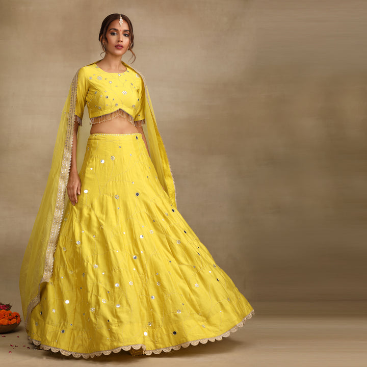 Neon Green Embellished Mirror work Silk Chanderi Lehenga Set