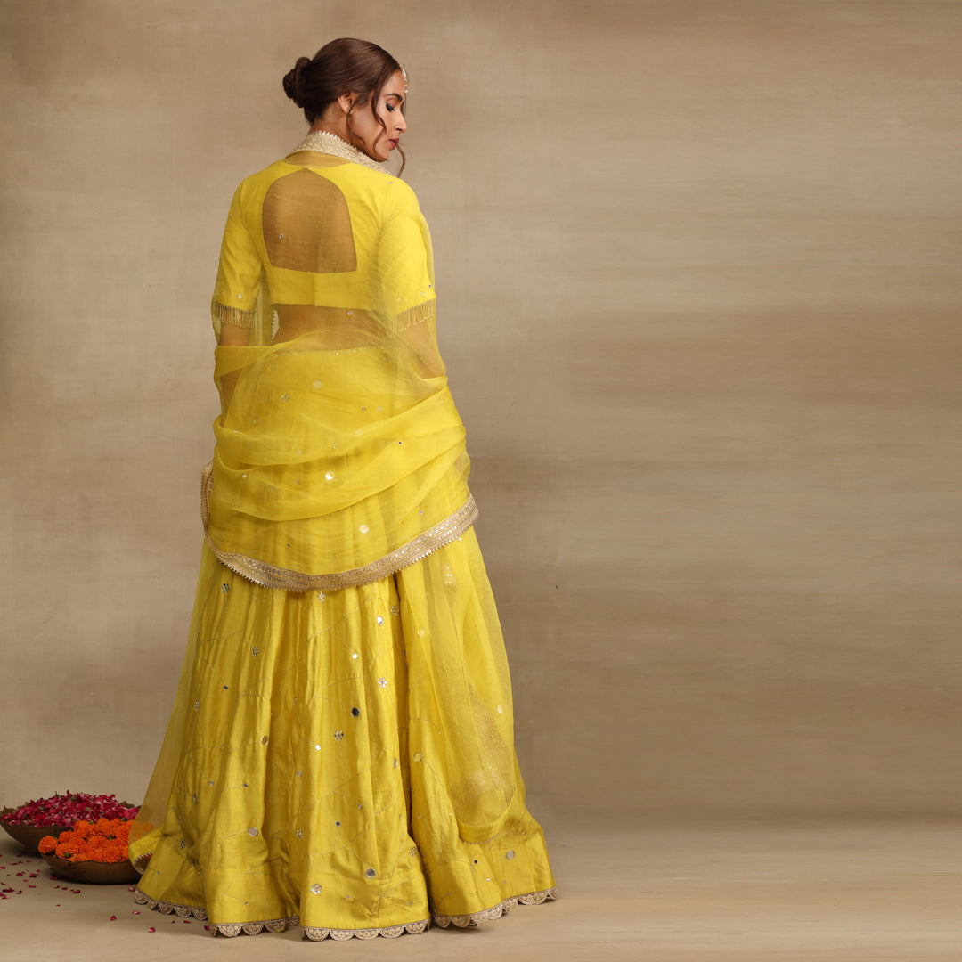 Neon Green Embellished Mirror work Silk Chanderi Lehenga Set