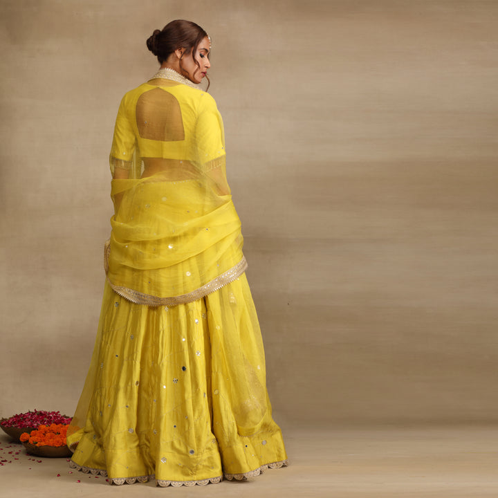 Neon Green Embellished Mirror work Silk Chanderi Lehenga Set