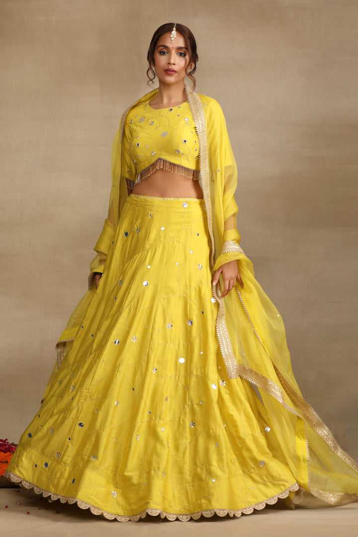 Neon Green Embellished Mirror work Silk Chanderi Lehenga Set