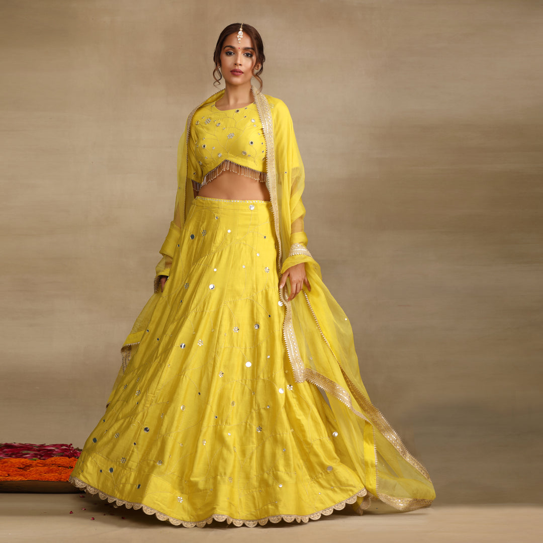 Neon Green Embellished Mirror work Silk Chanderi Lehenga Set