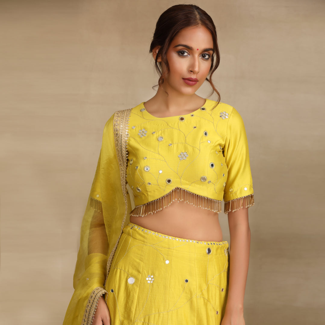 Neon Green Embellished Mirror work Silk Chanderi Lehenga Set