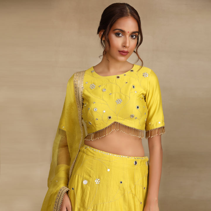 Neon Green Embellished Mirror work Silk Chanderi Lehenga Set