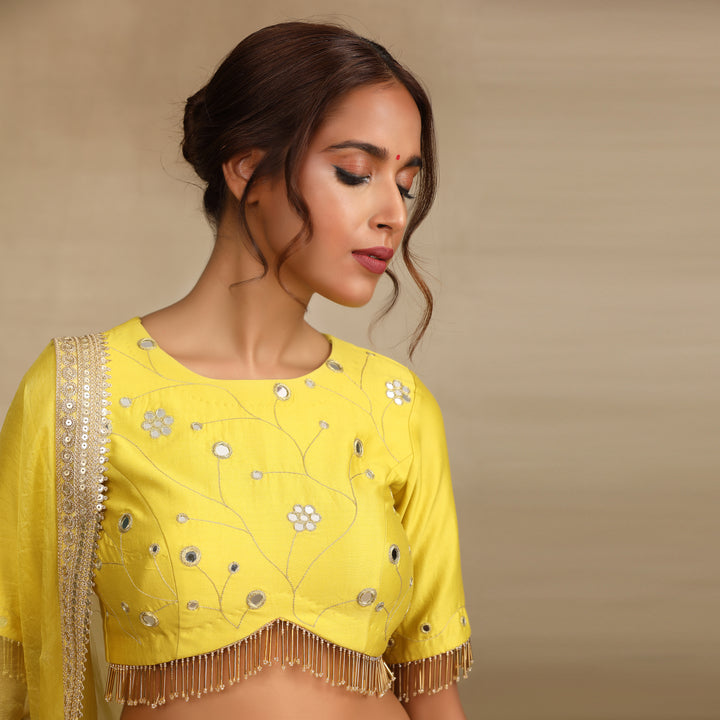 Neon Green Embellished Mirror work Silk Chanderi Lehenga Set