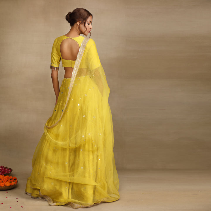 Neon Green Embellished Mirror work Silk Chanderi Lehenga Set