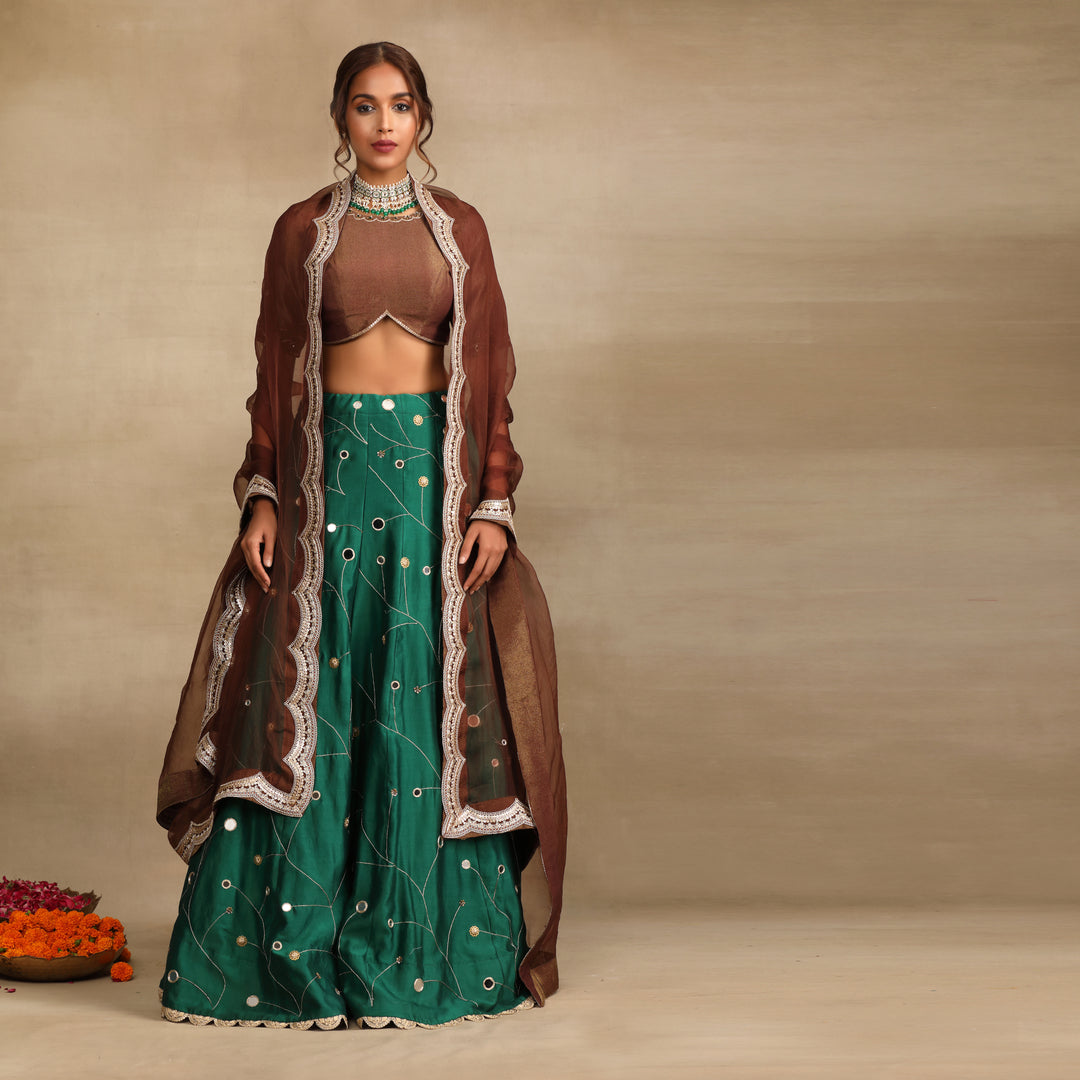 Emerald Green Embellished Mirror Work Silk Chanderi Lehenga Set