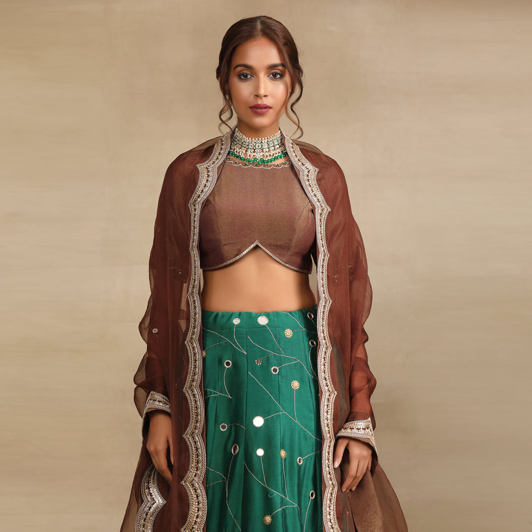 Emerald Green Embellished Mirror Work Silk Chanderi Lehenga Set