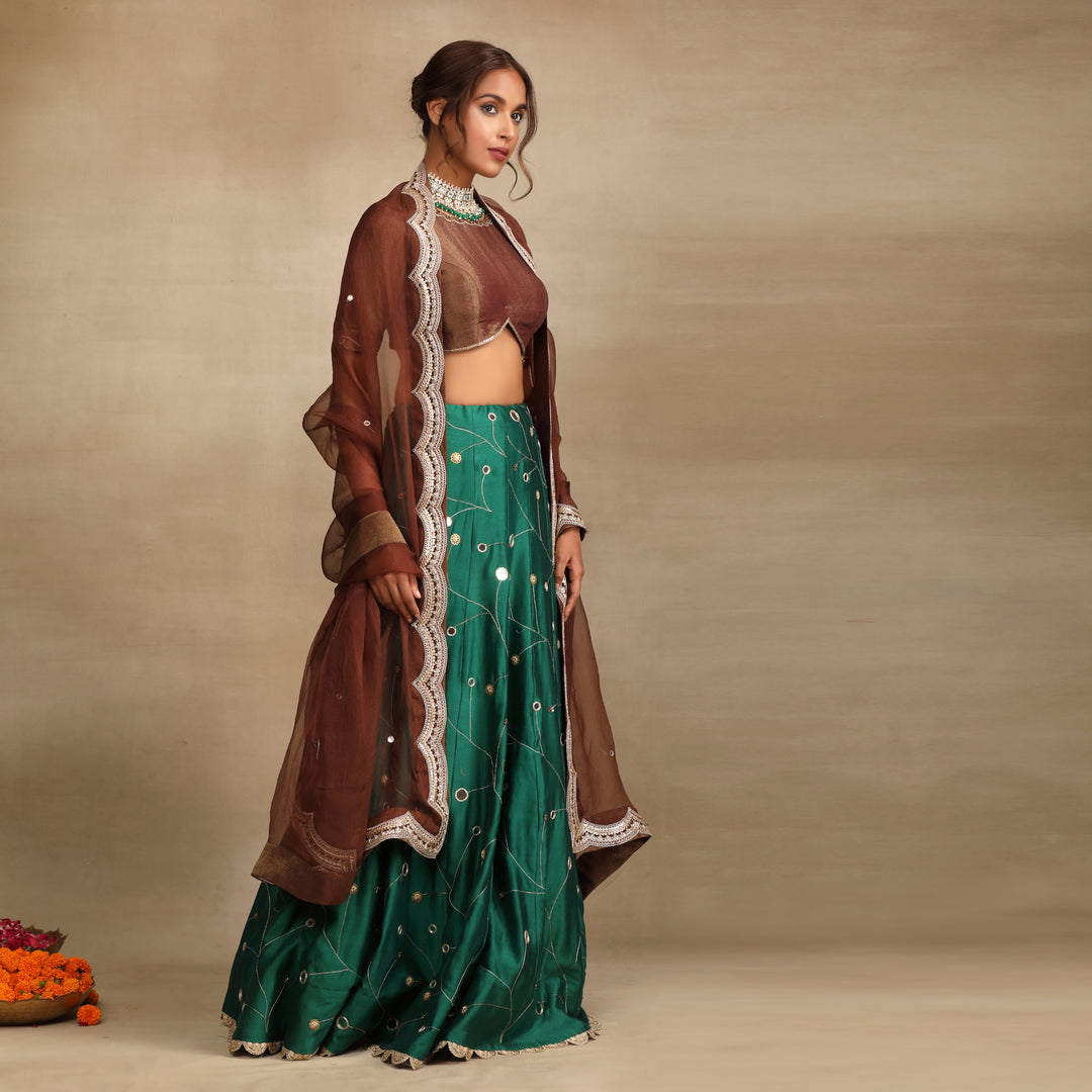Emerald Green Embellished Mirror Work Silk Chanderi Lehenga Set
