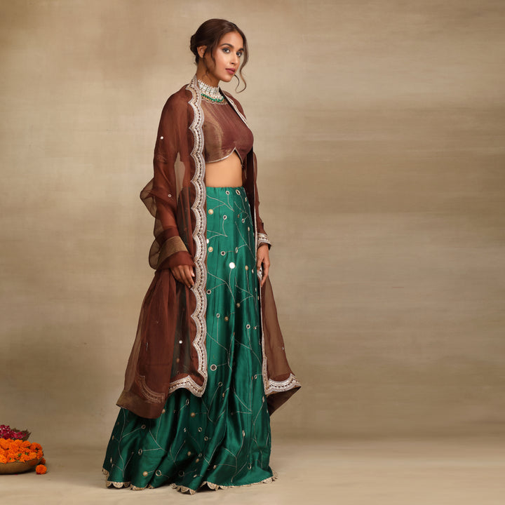 Emerald Green Embellished Mirror Work Silk Chanderi Lehenga Set