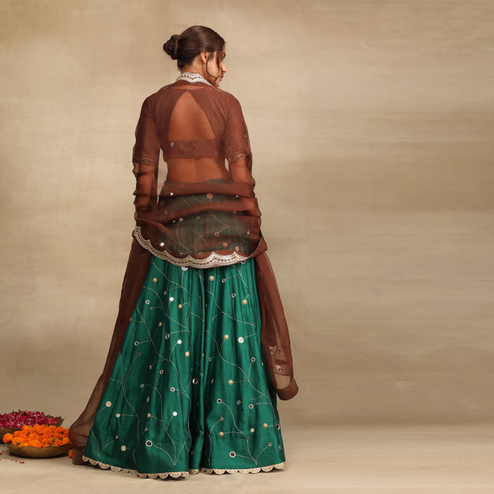 Emerald Green Embellished Mirror Work Silk Chanderi Lehenga Set