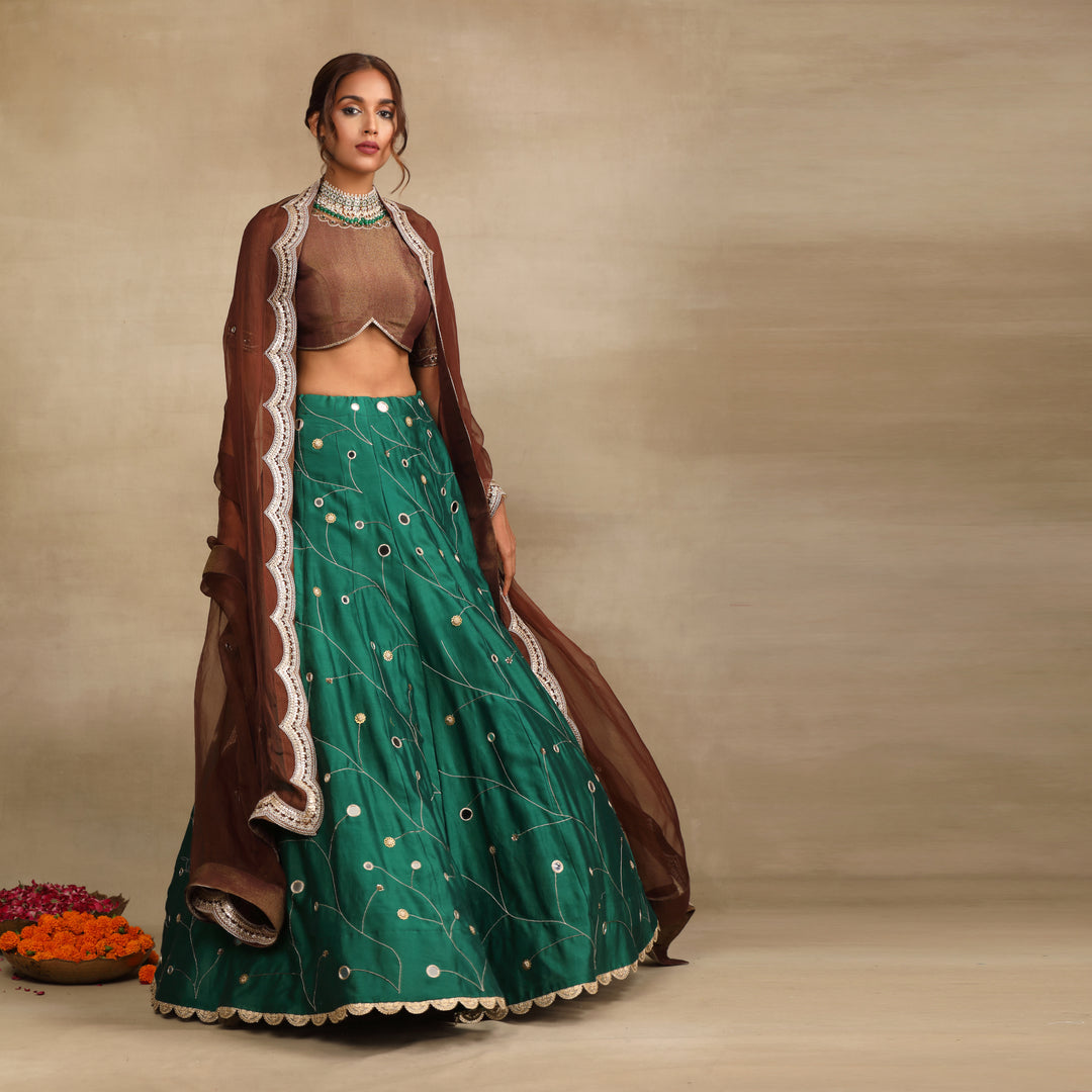 Emerald Green Embellished Mirror Work Silk Chanderi Lehenga Set