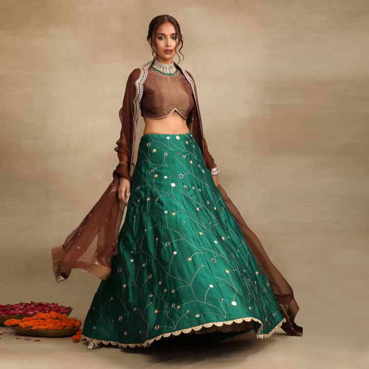 Emerald Green Embellished Mirror Work Silk Chanderi Lehenga Set