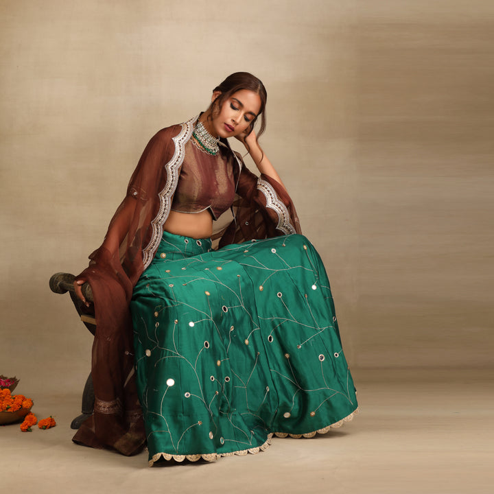 Emerald Green Embellished Mirror Work Silk Chanderi Lehenga Set