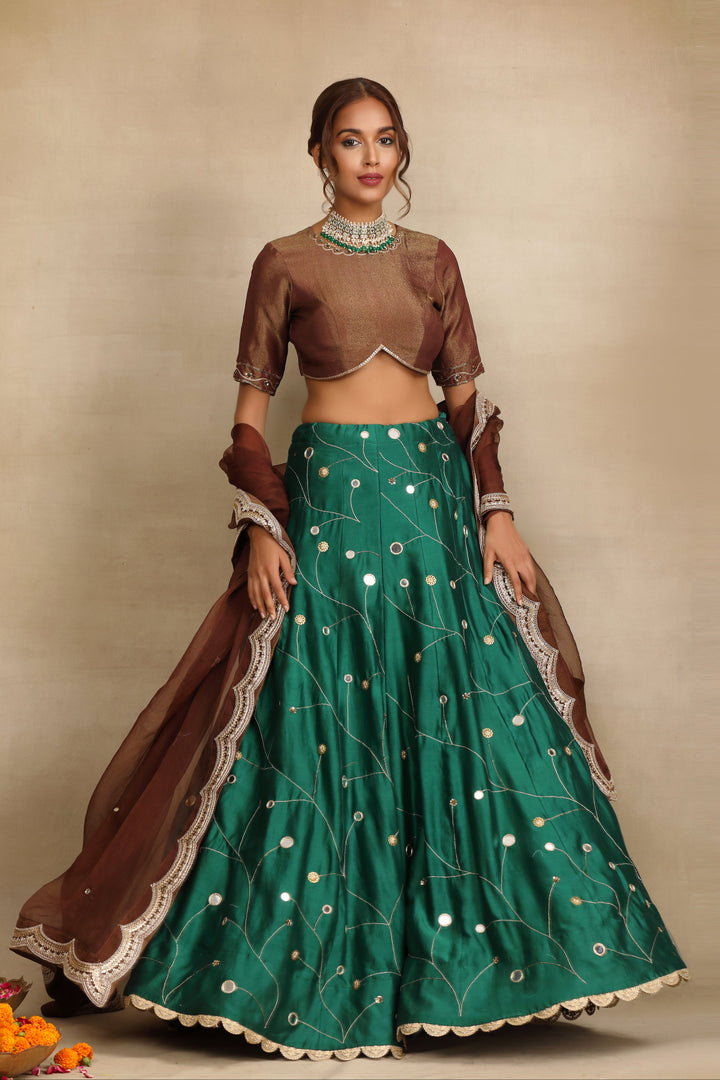 Emerald Green Embellished Mirror Work Silk Chanderi Lehenga Set