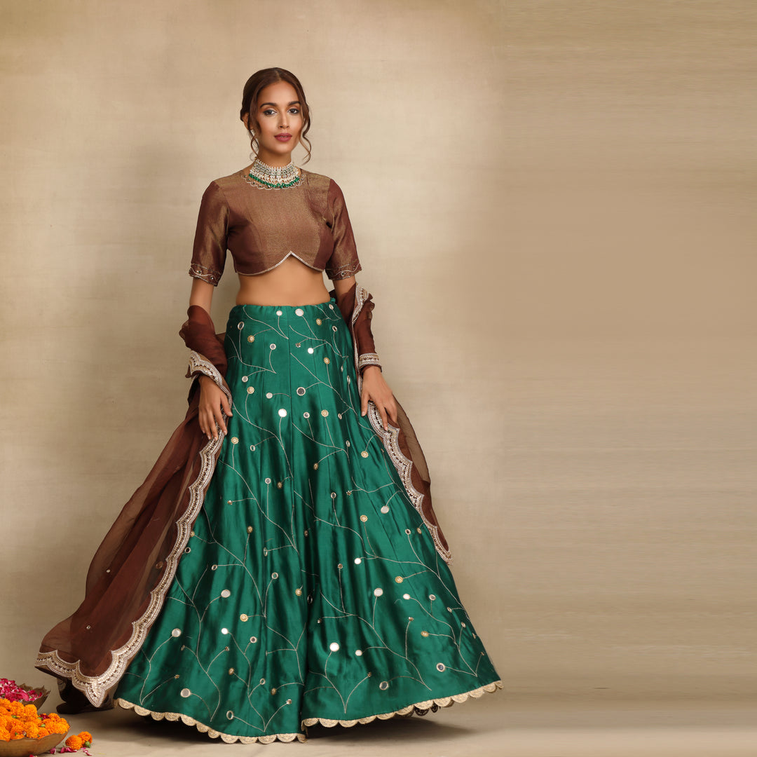 Emerald Green Embellished Mirror Work Silk Chanderi Lehenga Set