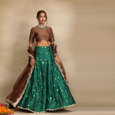 Emerald Green Embellished Mirror Work Silk Chanderi Lehenga Set