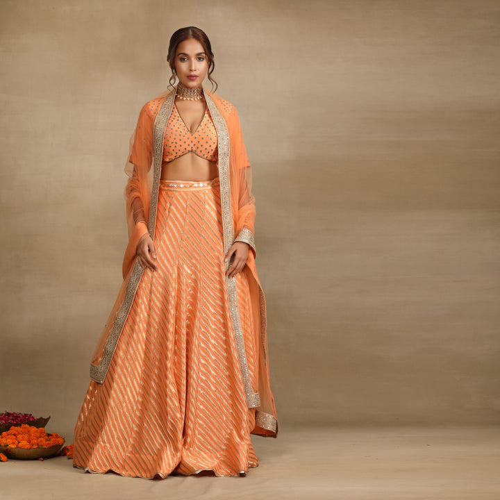 Peach Silk Tissue Embellished Lehenga Set
