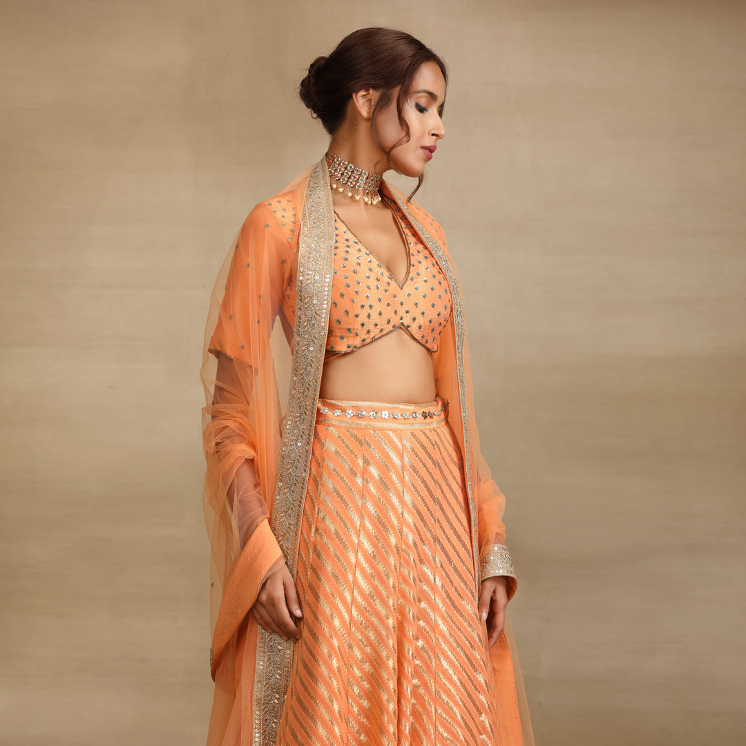 Peach Silk Tissue Embellished Lehenga Set