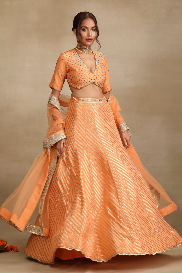 Peach Silk Tissue Embellished Lehenga Set