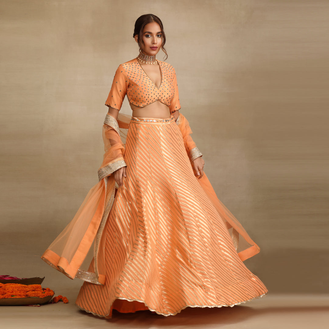 Peach Silk Tissue Embellished Lehenga Set