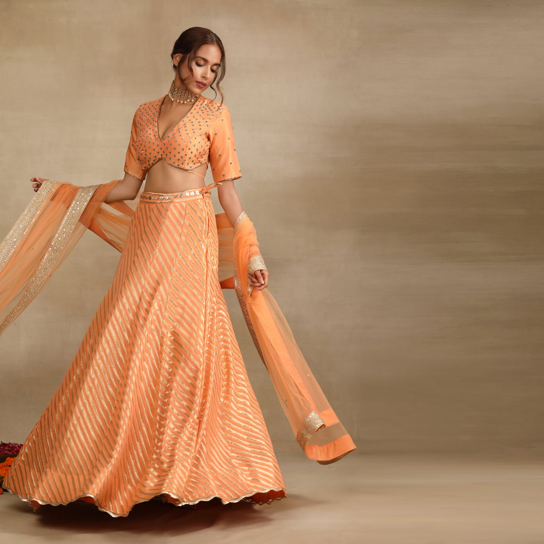Peach Silk Tissue Embellished Lehenga Set