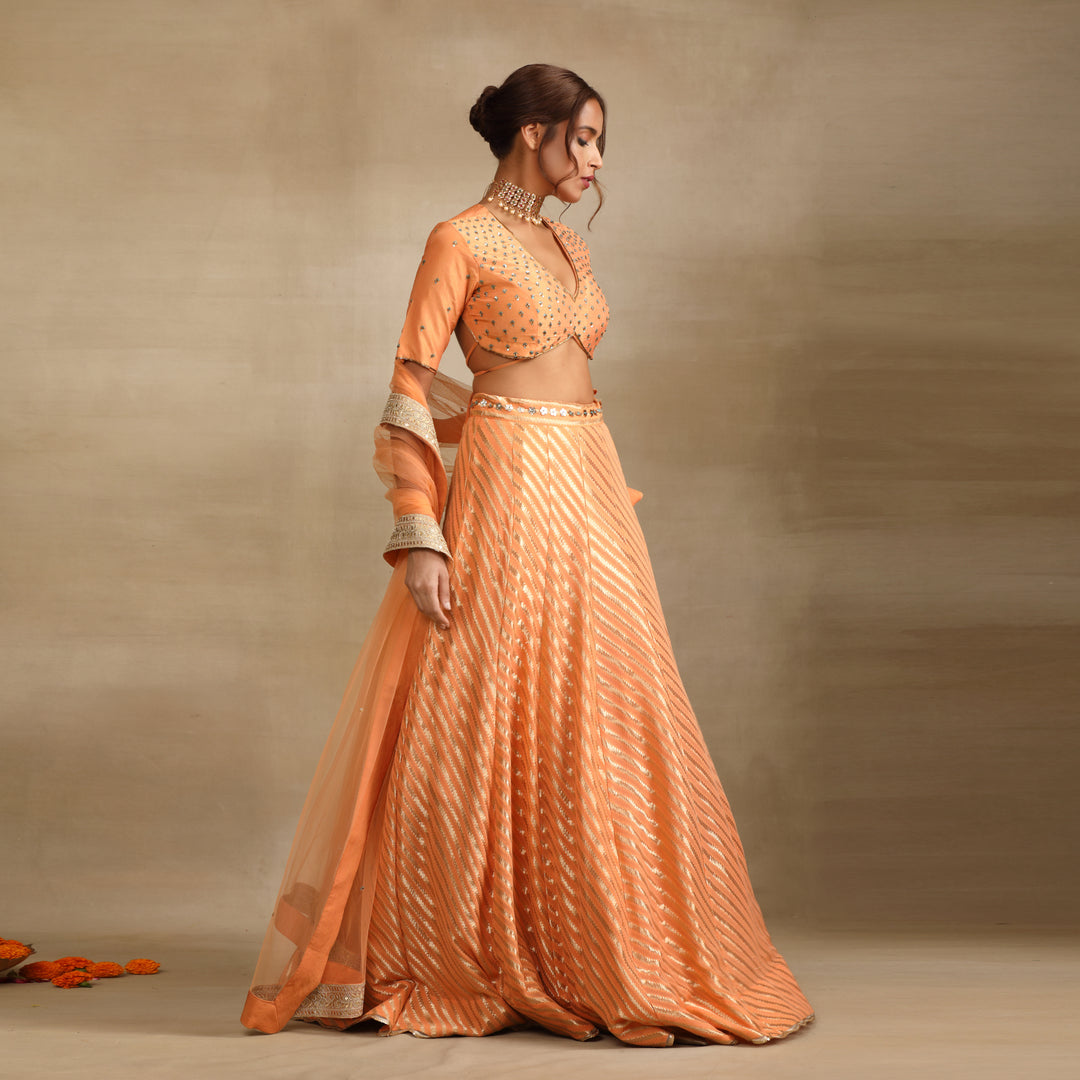 Peach Silk Tissue Embellished Lehenga Set