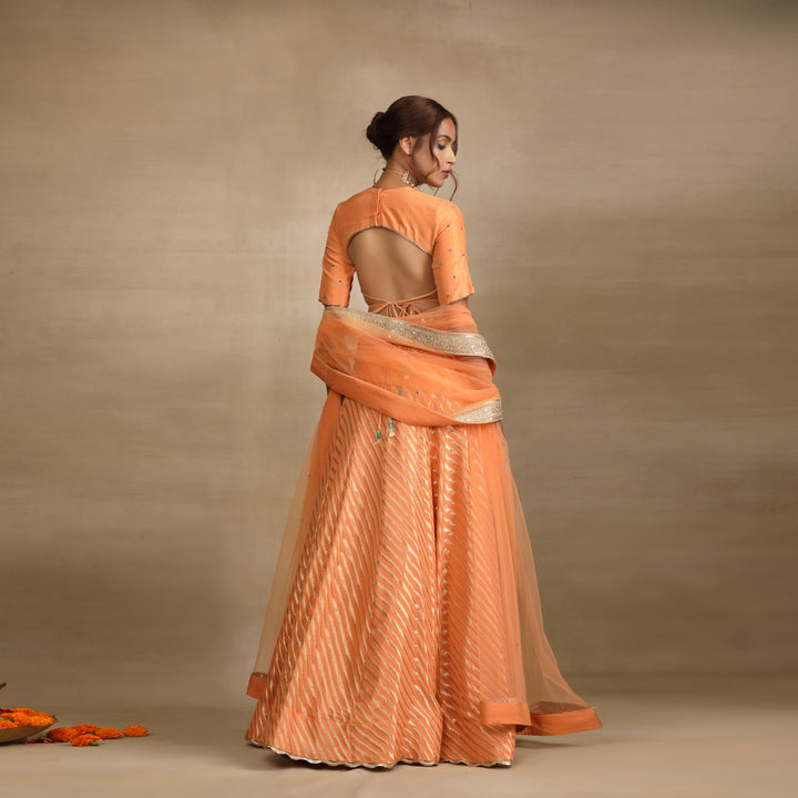 Peach Silk Tissue Embellished Lehenga Set