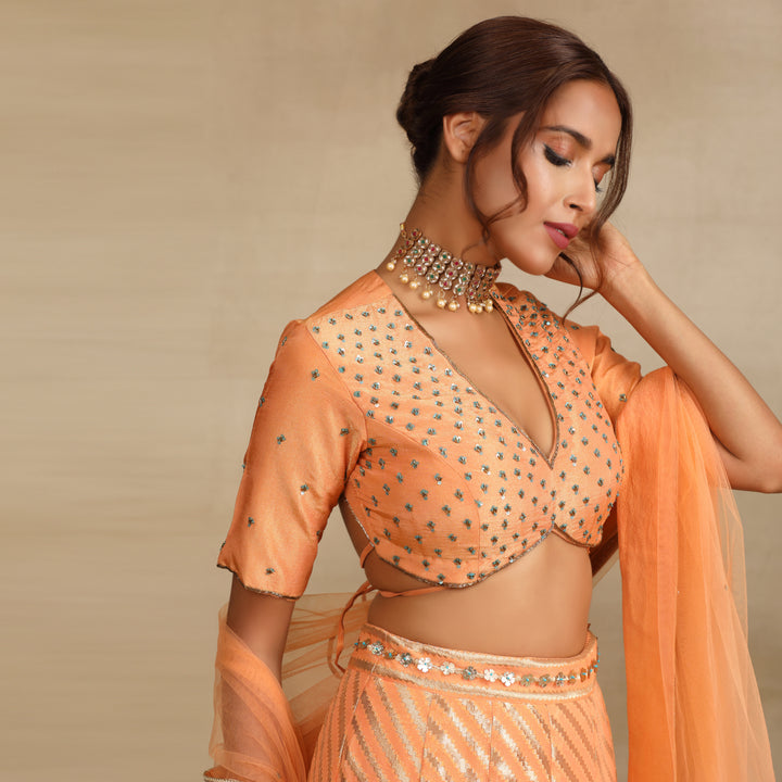 Peach Silk Tissue Embellished Lehenga Set