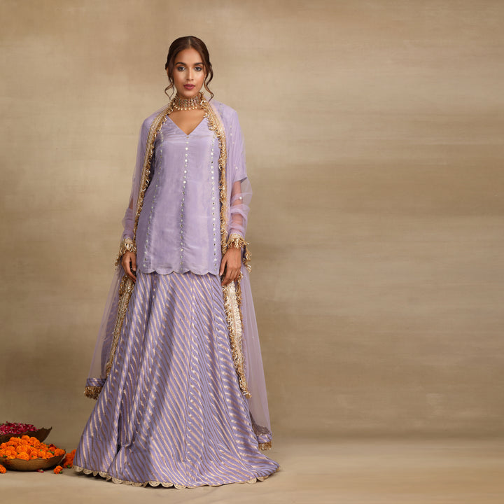 Lavender Silk Tissue Embellished Mirror Flower Lehenga Set