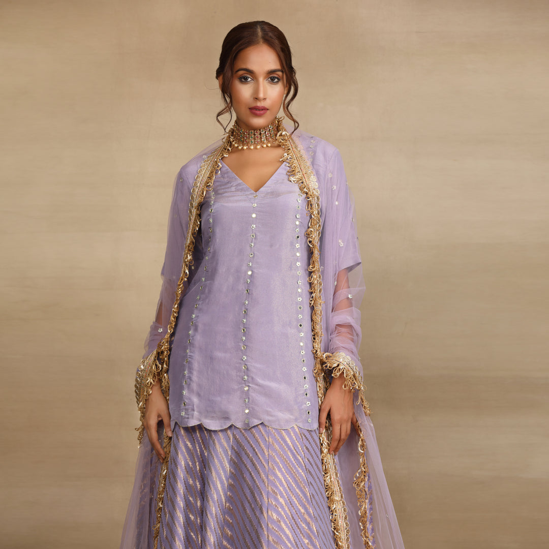 Lavender Silk Tissue Embellished Mirror Flower Lehenga Set