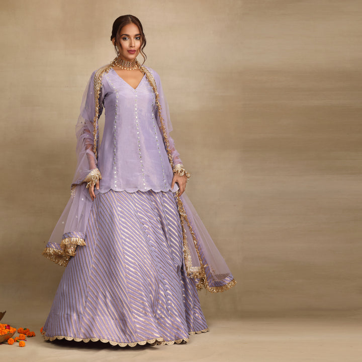 Lavender Silk Tissue Embellished Mirror Flower Lehenga Set