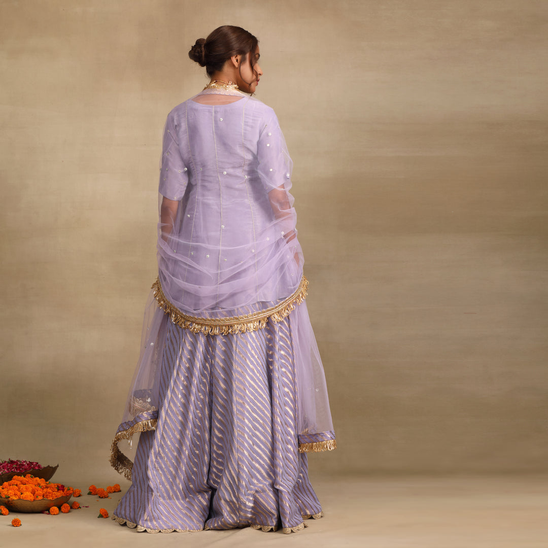 Lavender Silk Tissue Embellished Mirror Flower Lehenga Set