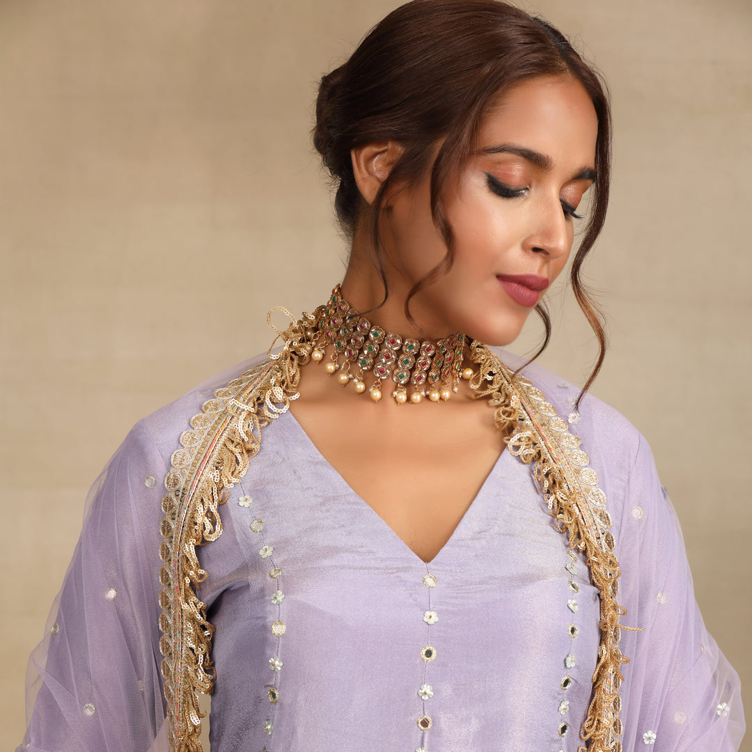 Lavender Silk Tissue Embellished Mirror Flower Lehenga Set