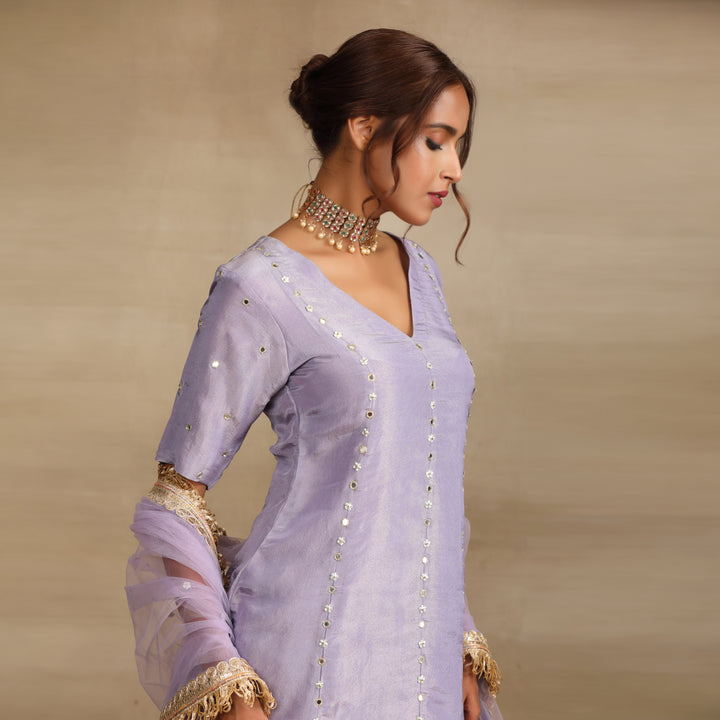 Lavender Silk Tissue Embellished Mirror Flower Lehenga Set