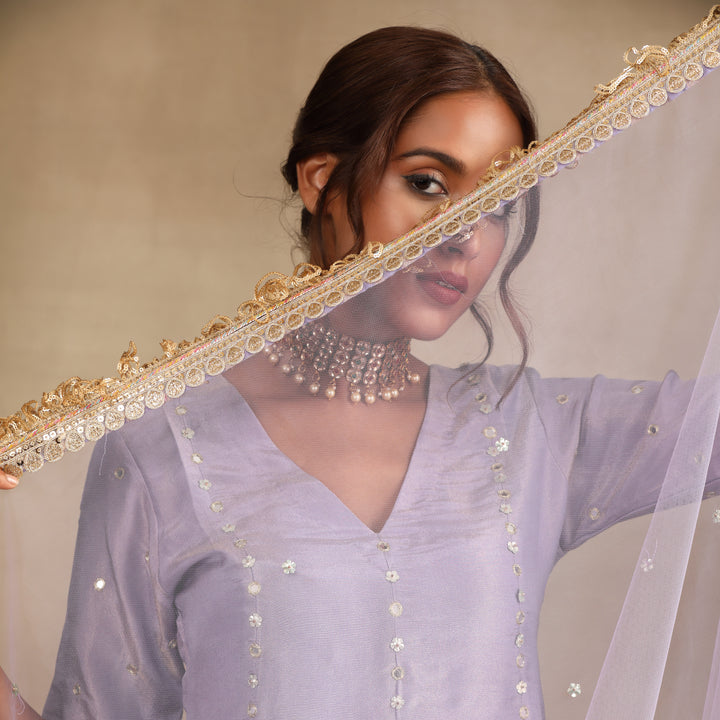 Lavender Silk Tissue Embellished Mirror Flower Lehenga Set