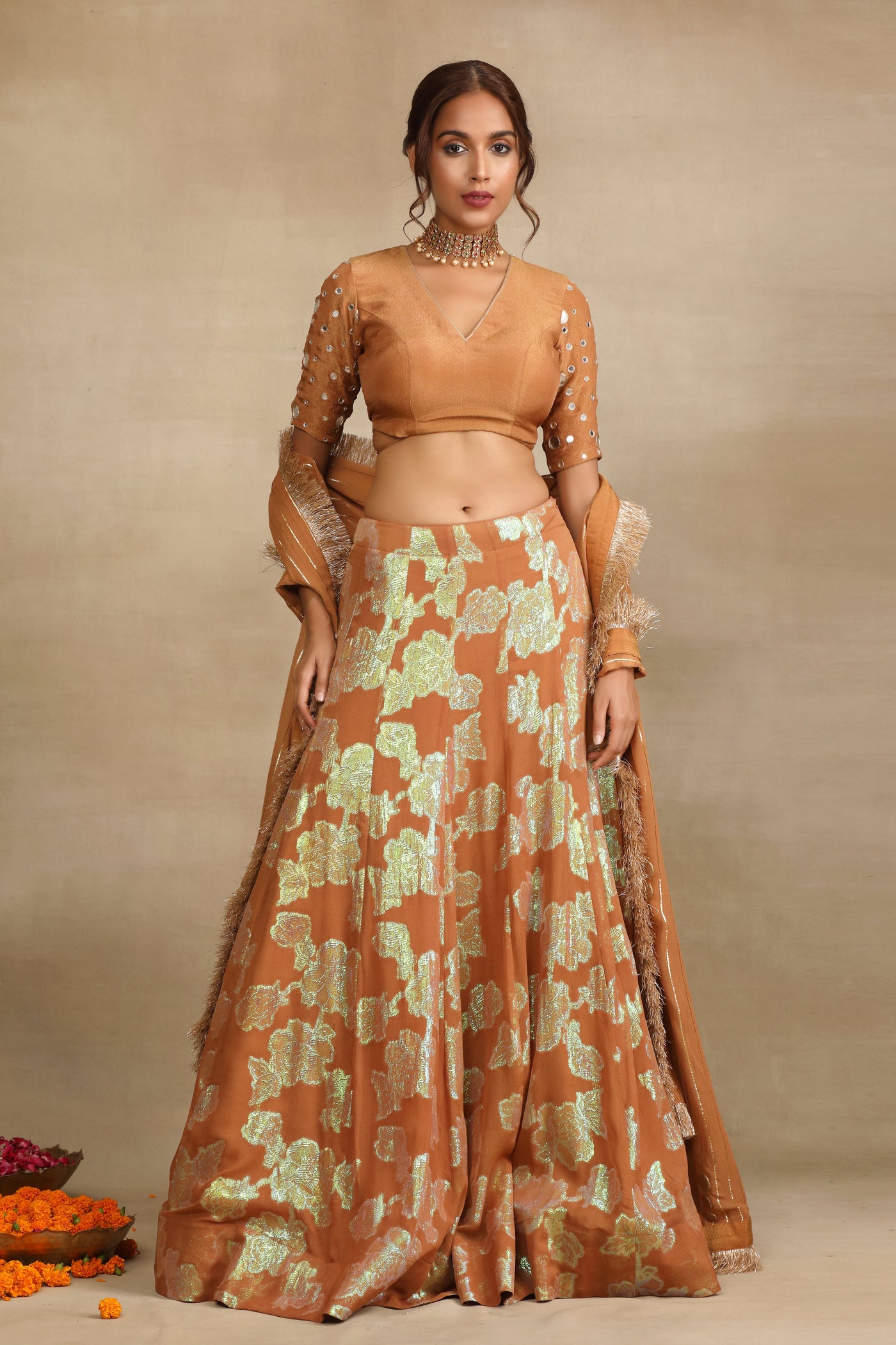 Brown Silk Tissue Embellished Mirror Lehenga Set