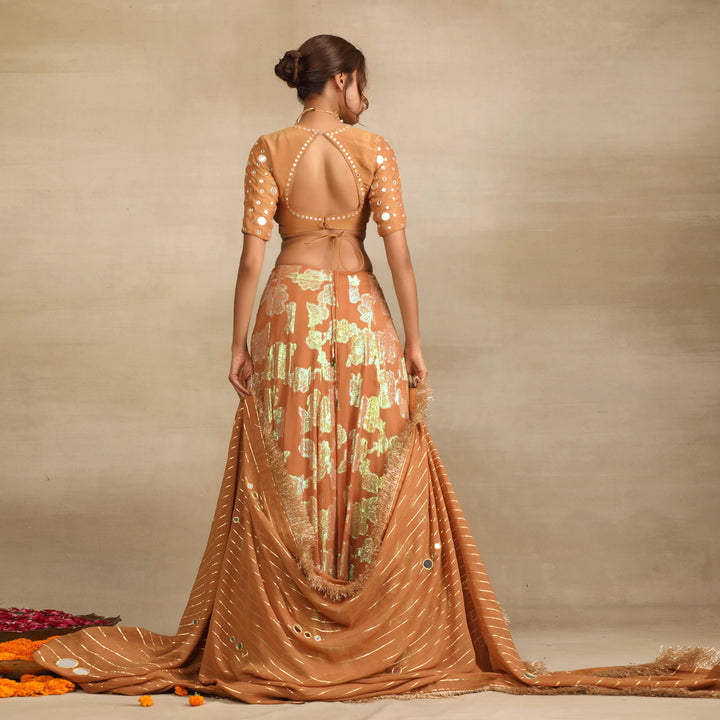 Brown Silk Tissue Embellished Mirror Lehenga Set