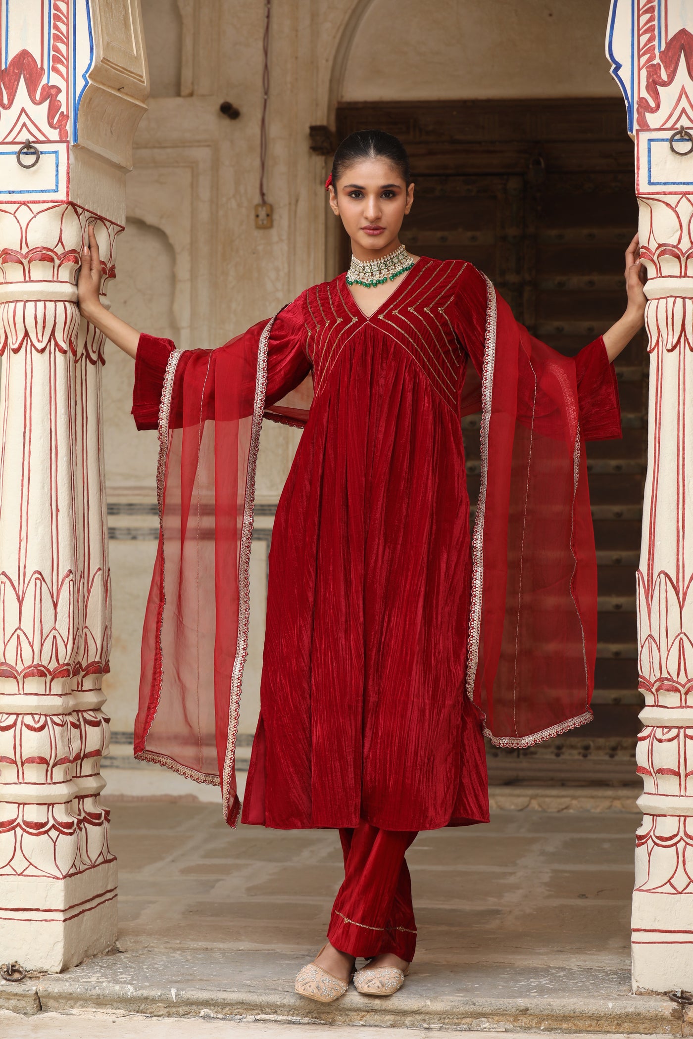 Red Sequin Crushed Velvet Kurta Set (Set of 2)