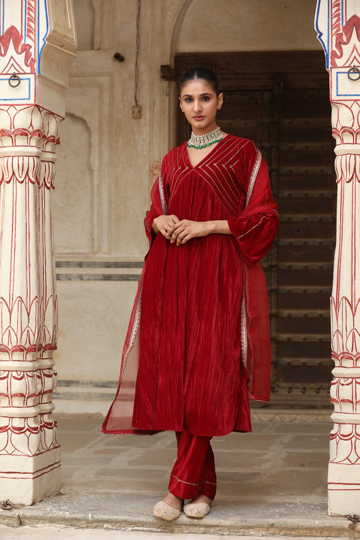 Red Sequin Crushed Velvet Kurta Set (Set of 2)