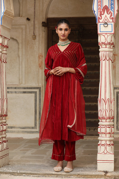 Red Sequin Crushed Velvet Kurta Set (Set of 2)