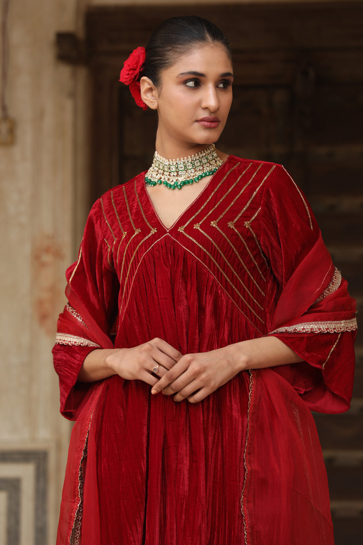 Red Sequin Crushed Velvet Kurta Set (Set of 2)