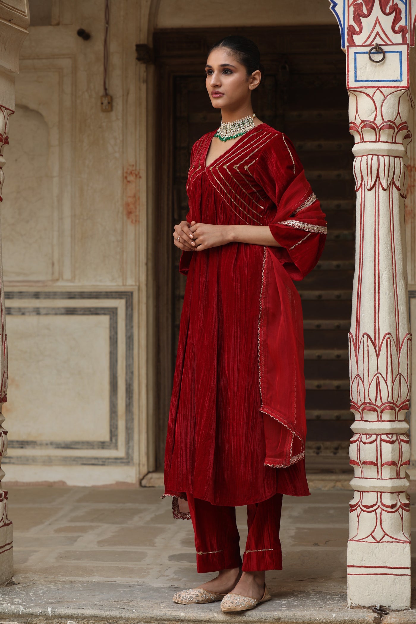 Red Sequin Crushed Velvet Kurta Set (Set of 2)