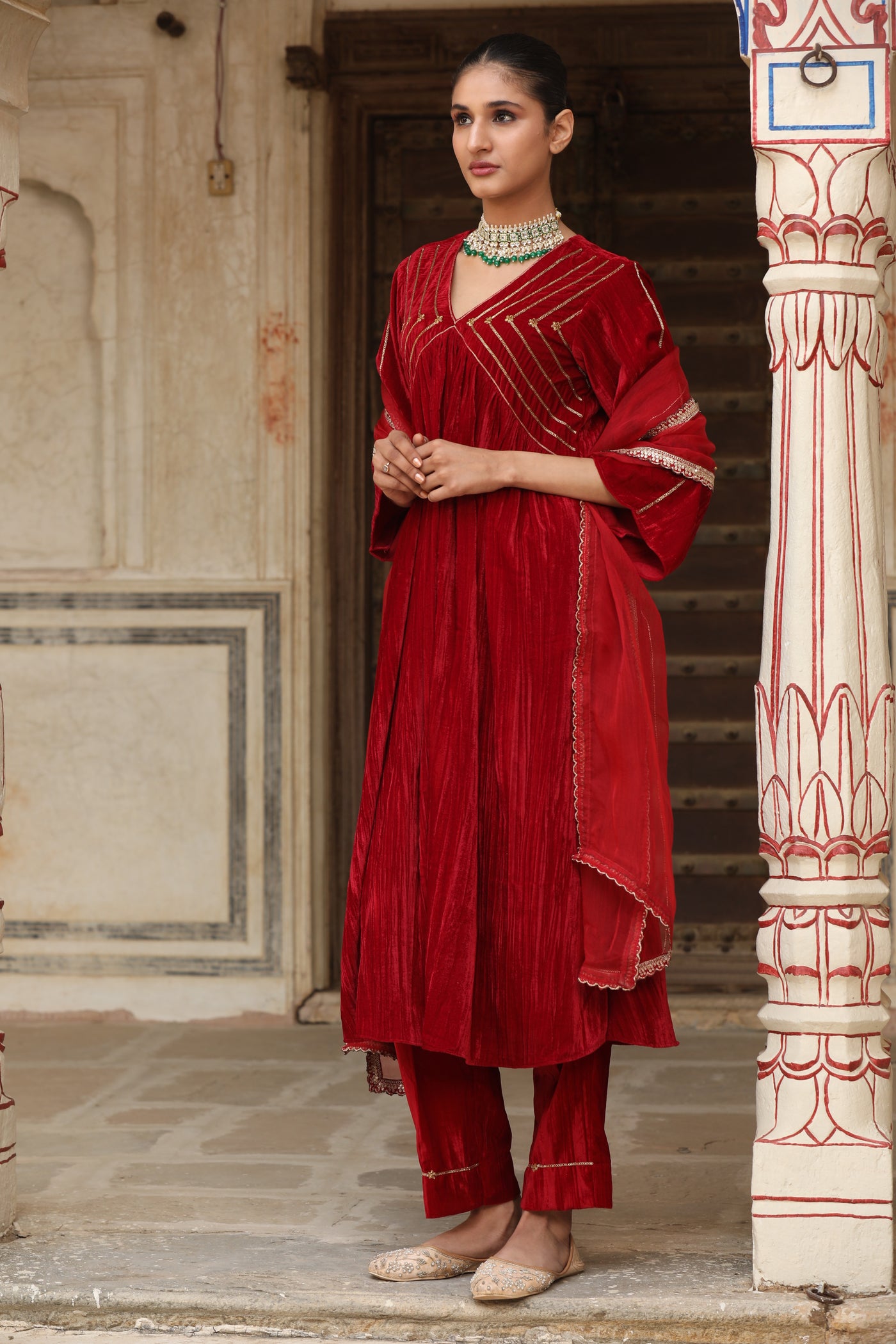 Red Sequin Crushed Velvet Kurta Set (Set of 2)