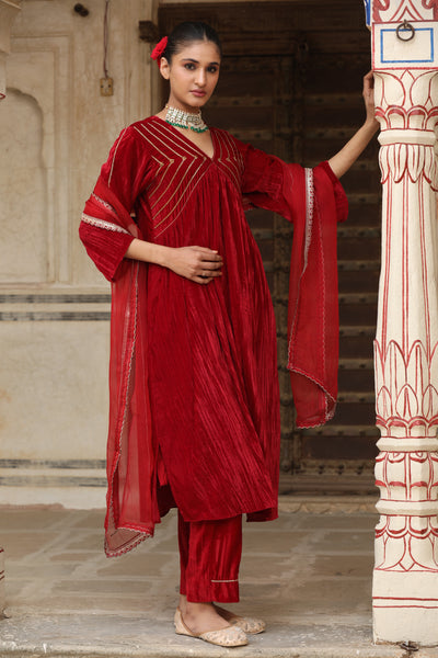 Red Sequin Crushed Velvet Kurta Set (Set of 2)