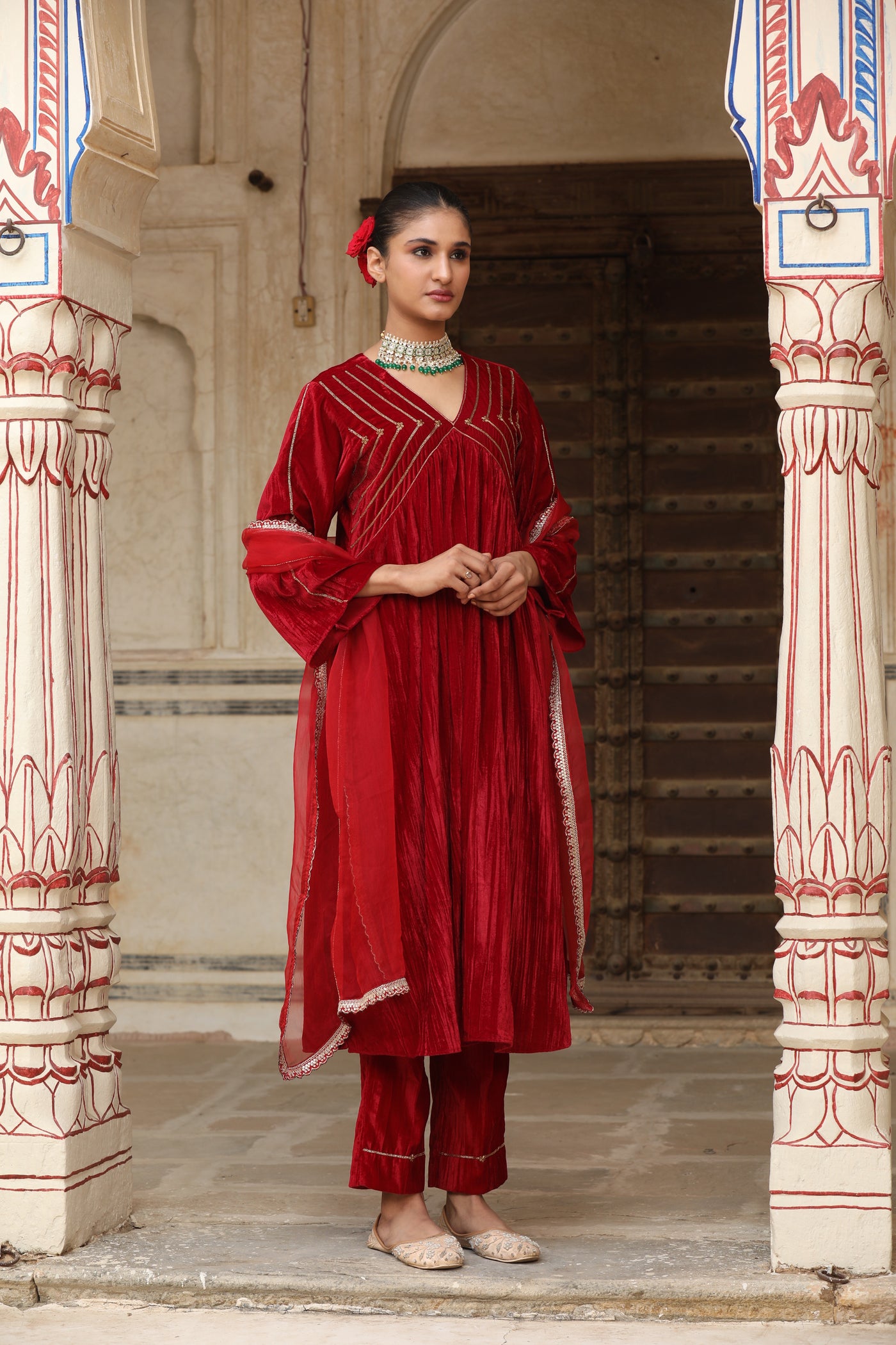 Red Sequin Crushed Velvet Kurta Set (Set of 2)