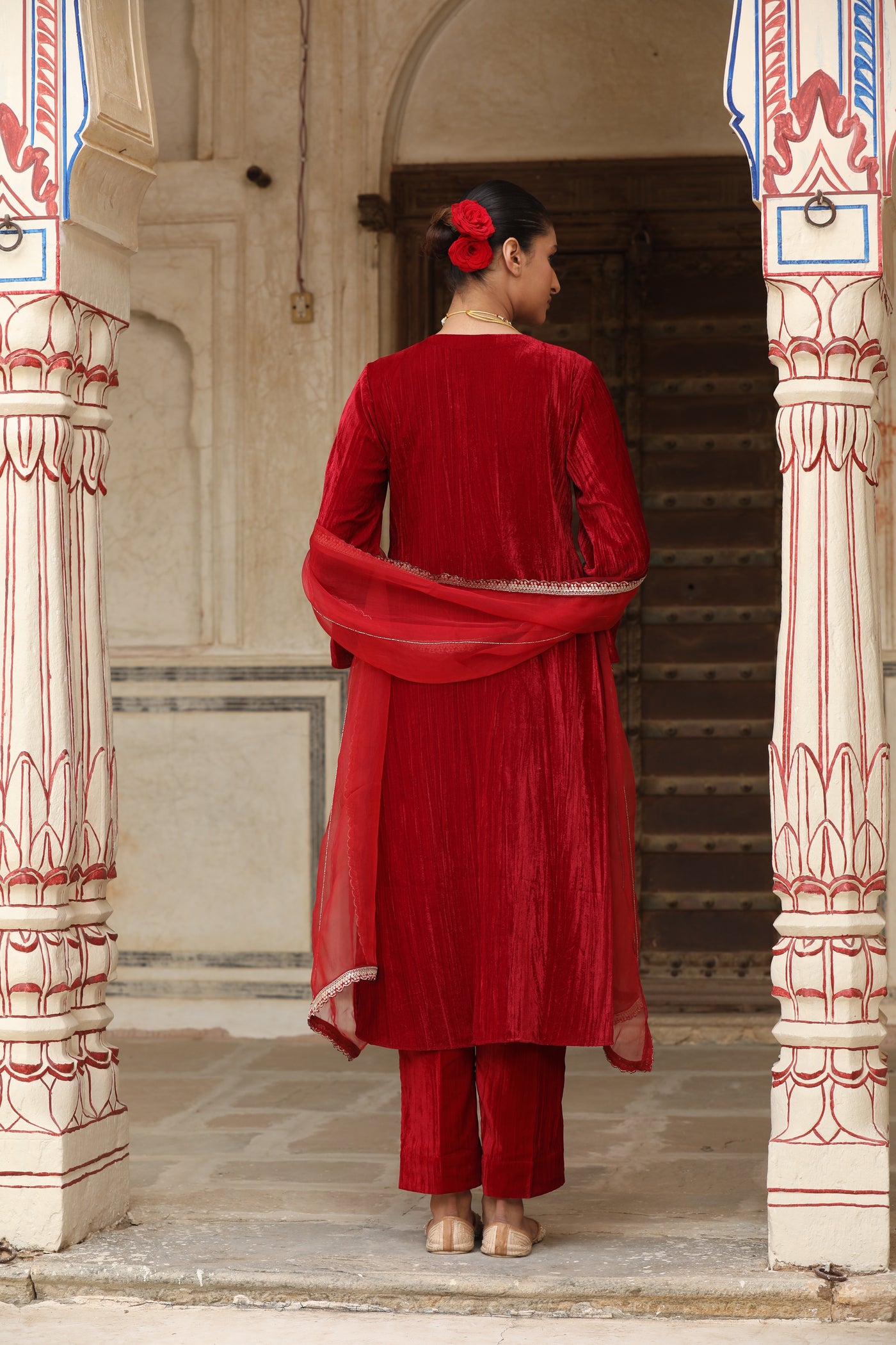 Red Sequin Crushed Velvet Kurta Set (Set of 2)