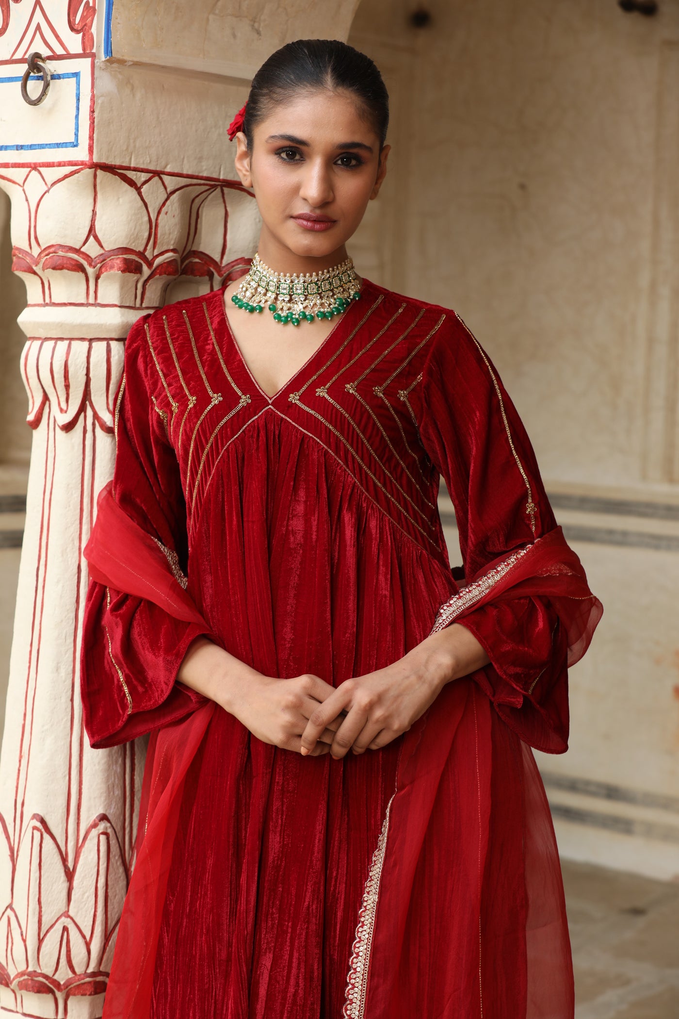 Red Sequin Crushed Velvet Kurta Set (Set of 2)