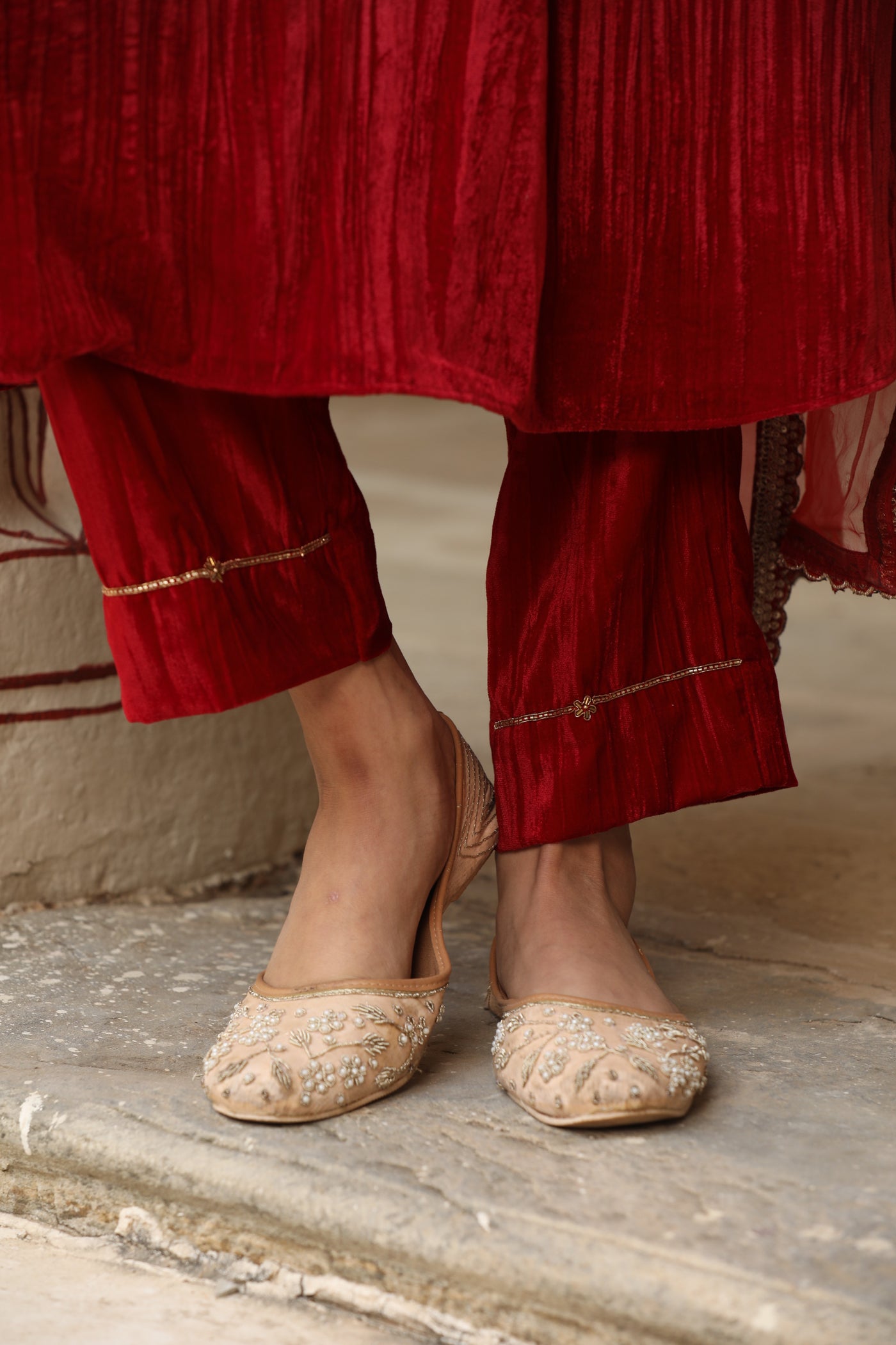 Red Sequin Crushed Velvet Kurta Set (Set of 2)