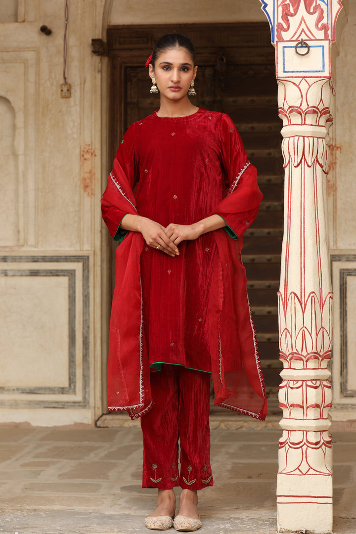Red Hand Embroidered Crushed Velvet Coord Set (Set of 2)